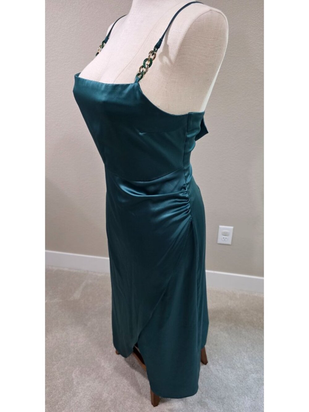 Emerald Green Satin Midi Dress With Chain Straps By Zara Size XL Side Ruching Wo